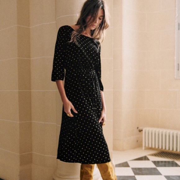 SEZANE Adelma Midi Dress in Black Velvet with Glitter Polka Dots - Size 6 - Picture 1 of 16